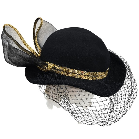 Vintage Mr Charles Black Wool Hat Gold‎ Bow Birdcage Veil Church Derby USA Made main image 9
